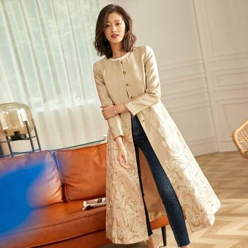 Fall Spring 2021 Spring Fall Women Dobby Flower Golden Long Trench Coat , Female Womans 3xl High Waisted Windbreaker Coats