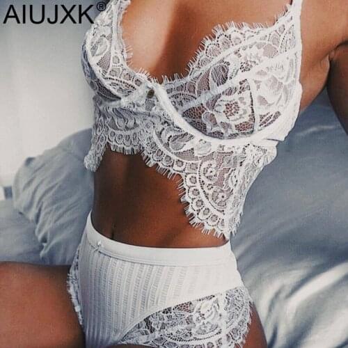 AIUJXK Sexy Lace Transparent Bra And Panty Set Women Black White Lingerie Underwear Two Piece Set Sofa Cama See Through Suit