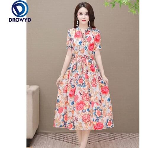 Summer Red Floral Chiffon Midi Sundress 2021 Korean Women Oversize Boho Beach Dresses Party Casual Bodycon Sexy O-neck Vestidos