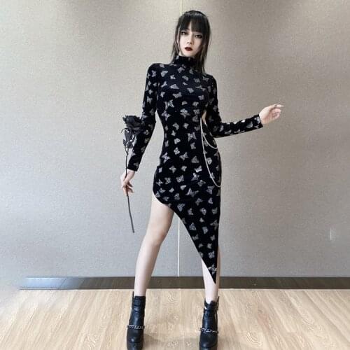 Drak Goth Women Turtleneck Cool Empire Long Sleeve Dress 2021 Lady Butterfly Metal Chains Irregular Hem Sexy Hollow Out Dresses