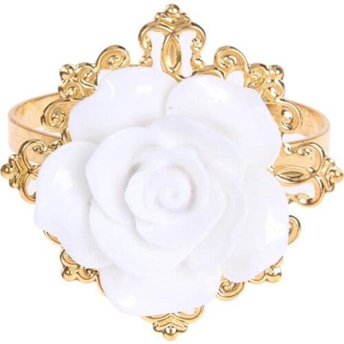 12Pcs/Set Resin Rose White Napkin Ring Table Kitchen Serviette Holder For Wedding Banquet Party Dinner Decoration Gold