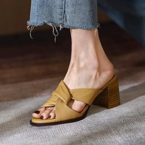 2021 Fashion Women Summer Shoes Genuine Leather100% Woman Sandals Chunky Heels Ladies Mules White/Light brown High Heels Slipper