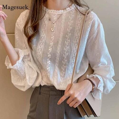 2021 Autumn Casual Floral Lady Shirts Blusas Mujer De Moda Fashion Women White Chiffon Blouses Long Sleeve Lace Tops 6202 50