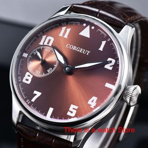 Corgeut 44mm Watch Men 17 Jewels Hand Winding 6497 Movement Luminous Waterproof Mechanical Wristwatches Leather Strap