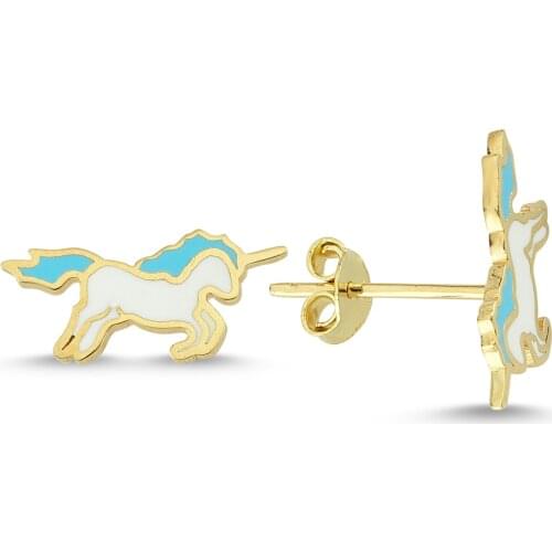 14k (585) Gold Enamel Unircorn Child Earrings