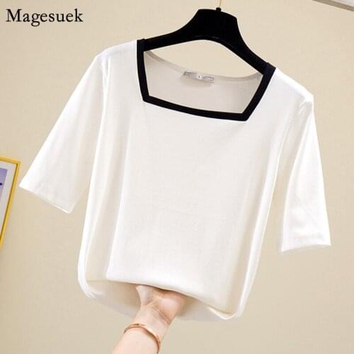 Summer Cotton Plus Size T-Shirt Woman 2021 Square Collar Short Sleeve Female T-shirt Tops Casual White Tshirts Fashion New 13390