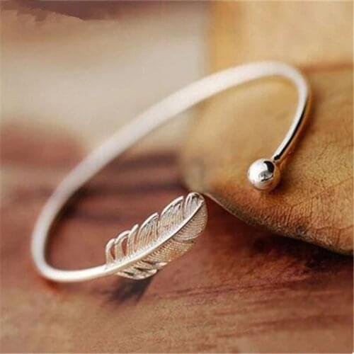925 Sterling Silver Feather Charm Bracelet &Bangle For Women Elegant Wedding Jewelry sl005