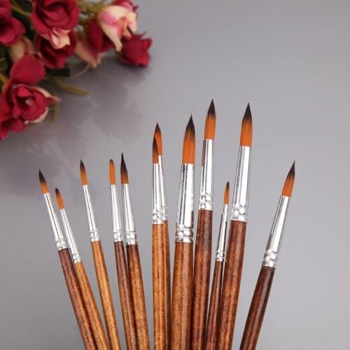 12Pcs Artists Paint Brush Set Nylon Hair Acrylic Watercolor Round Pointed Tip