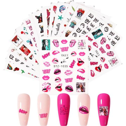 16pcs Sexy Lips Nail Stickers Set Abstract Image Cool Girl Snake Water Transfer Decals Sliders Manicure Nail Art Decorations