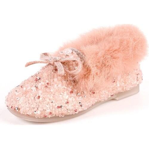 Girl Shoes Fur Toddler Flats Shining Rhinestones Velvet Loafers Kids Sneakers Warm Princess Shoes For Girls Autumn Winter Party