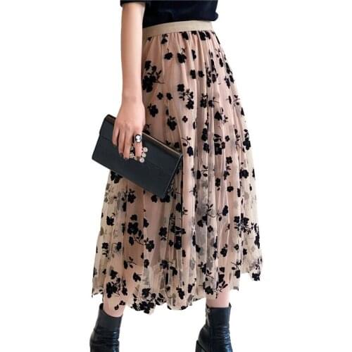 Autumn Women Skirts Streetwear OL High Waist Flower Print Mesh Layered A Line Midi Skirt Elegant Long Skirts Faldas Largas Mujer