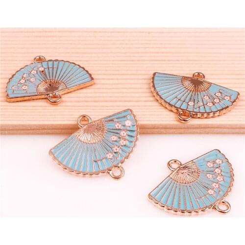 10pcs Alloy Enamel Drop Oil Vintage Ethnic style fan flowers golden Pendant Findings Charms for DIY Necklace Accessories Making