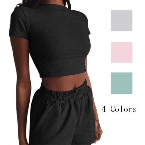 4 Colors Casual Solid Bodycon 2 Piece Set Summer Autumn Women Short Sleeve T Shirt Top Short Two Pieces Sets Yoga Set Sport