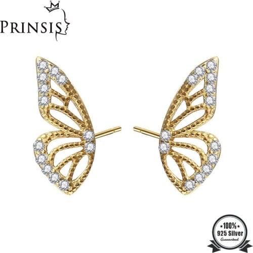 ElfoPlataSi Minimalist 925 Sterling Silver Fashion Symmetry Butterfly CZ Stud Earring For Women Wedding Party S925 Gift DA1372