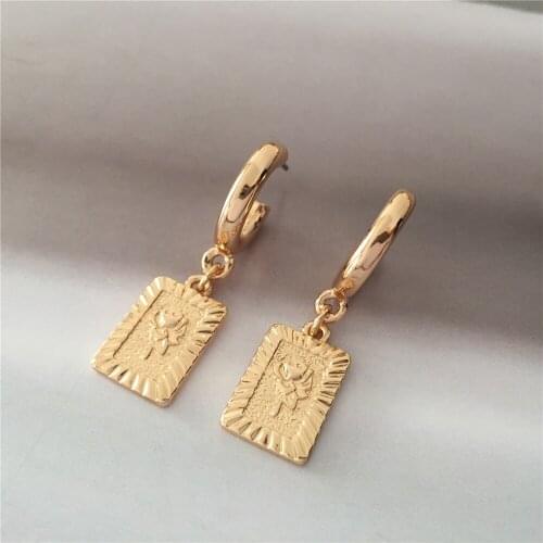 Lovely Sweet Gold Color Plating Rose Engraved on Square Charm Hoop Earrings For Women Girl Statement Unique Chic Original Jewelr