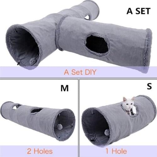 Collapsible Cat Tunnel Kitten Play Hide Tube With Ball For Large Cats Dogs Funny Cat Toys Suede 2 Holes Tunnel Pet Toys