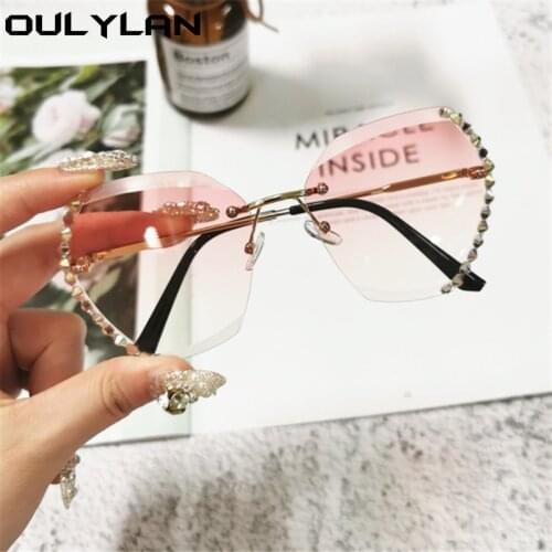 Oulylan Fashion Rimless Sunglasses Women Luxury Brand Designer Rhinestone Frameless Gradient Sun Glasses Gray Pink Shades UV400