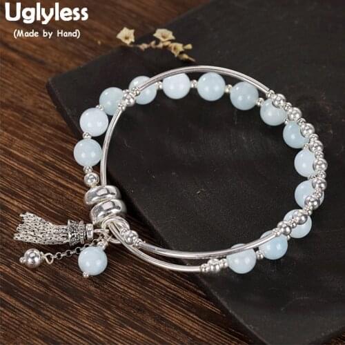 Uglyless Popular 2 Layers Real Silver Beads Infinity Bracelets for Women Aquamarine Elastic Bracelets 925 Silver Tassels BR244