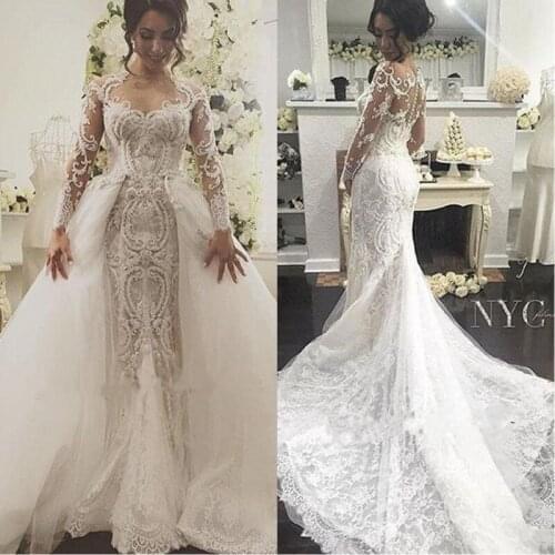 Vintage Lace Mermaid Wedding Dresses With Detachable Train 2020 robe de mariee Sheer Illusion Long Sleeve Wedding Gowns Handmade