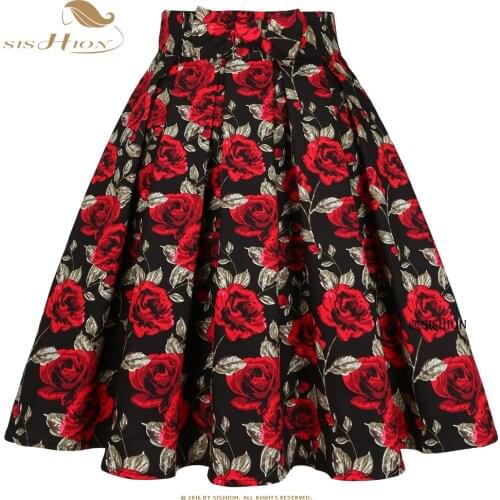 SISHION 2021 Valentines Day Festival Rose Floral Print Black Skirt SS0012 High Waist Vintage Cotton Midi Pleated Skirt Jupe