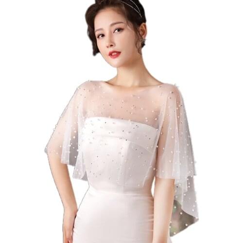 Women Sheer Pleated Wedding Shawl Rhinestone Pearl White Capelet Bolero Shrug