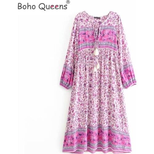 Boho Queens women elegant lace-up tassel floral print beach Bohemian Midi dress Ladies rayon Boho dress vestidos