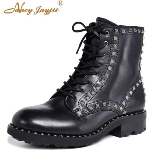 Genuine Leather Cow Motorcycle boots Women shoes Adult Ladies Black solid Rivet Ankle Lace-Up Square heels Round Toe Sexy 2019