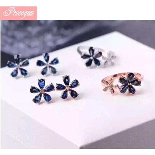Natural Sapphire Jewelry sets for women Lady Genuine Gemstones Elegant Flower Jewelry sets Rings Stud Earrings S925 silver #203