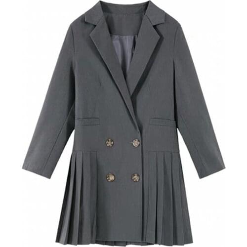 PERHAPS U Women Gray Notch Collar Solid Double Breasted Long Sleeve A-line Pleat Mini Dress D2030