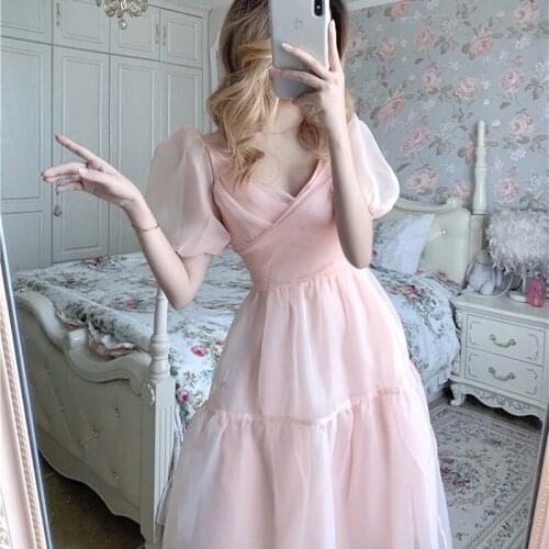 Lolita Pink Dress One Piece Casual Puff Sleeve Slim Lace Chiffon Dress Elegant Designer Women Clothing French Bandage New Dress