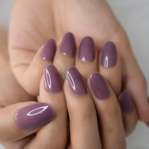 24pcs Short Round Fake Nails Art Glossy UV Full Cover False Nail Purple Gray Acrylic Sticker Press on Artificial Nail Tips