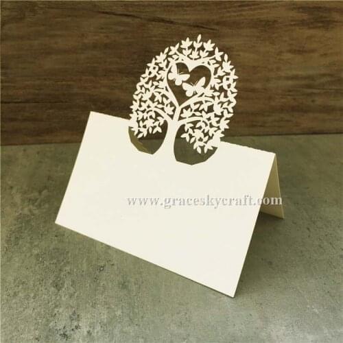 50Pcs/lot free shipping laser cut Happy Tree Butterflies design Wedding Seat Name Invitation table Cards party home Decoration