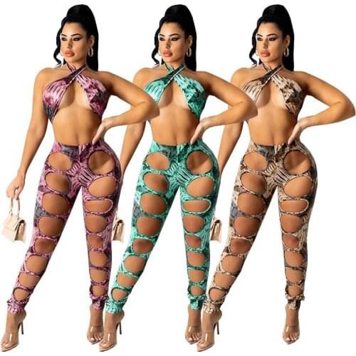 Adogirl Sexy Fashion Print Backless Women Halter Crop Top And Hollow Out Pencil Pants Casual 2021 Summer Night Clubwear Outfits