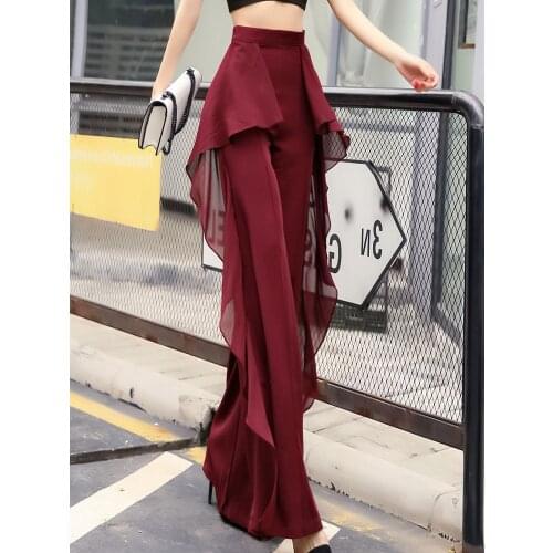 Women Korean Fashion Pants 2021 Loose High Waisted Chiffon Ruffle Trousers Casual Versatile Wide Leg Flared Pantalon Femme Ropa