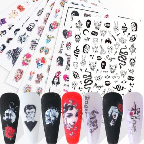 Skull Snake Nail Art Stickers Halloween Zombie Bride Flower Abstract Face Nail Design Anime Sliders Nail Accessories SACA725-732