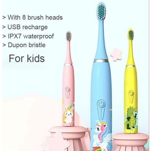 Children Sonic Electric Toothbrush USB Recharge IPX7 Waterproof Cartoon Teeth Brush 3-12 Years Old Dental Cleaning With 8 Heads