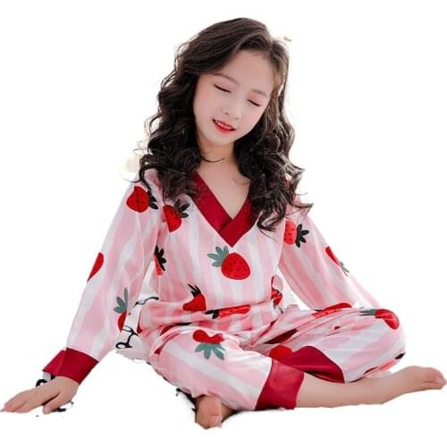 Girls simulation ice silk pajamas Strawberry pineapple animal print home clothing sets childrens sleepwear teens nightshirt