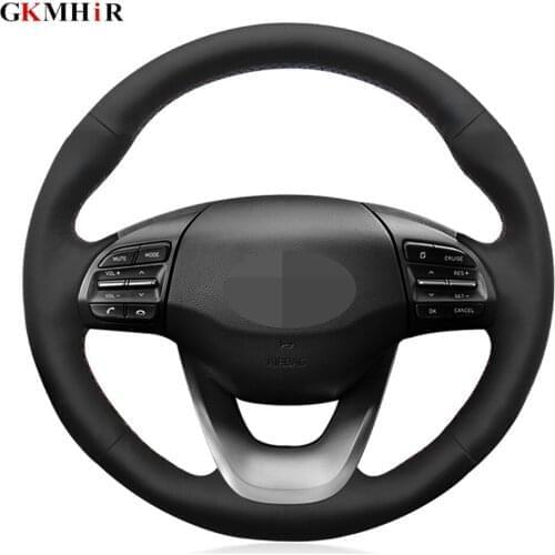 DIY Hand-stitched Black Genuine Leather Car Steering Wheel Cover For Hyundai Kona 2017 2018 2019 Accessories