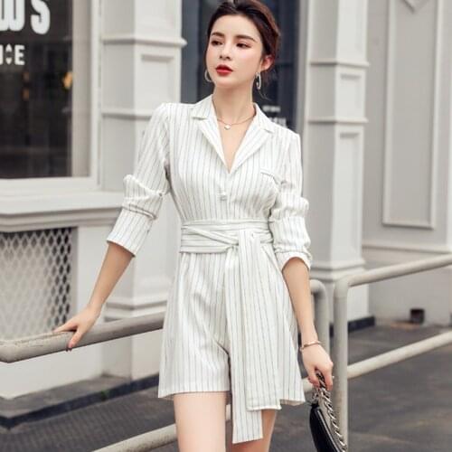Elegant Jumpsuits For Women 2020 Korean Office Wear Jumpsuit Romper Long Sleeve Lapel Sashes Striped Short Women Pantsuit AA5594
