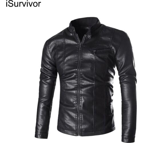 ISurvivor 2021 High-End Washed Stand Collar Mens Slim Locomotive Leather Jacket