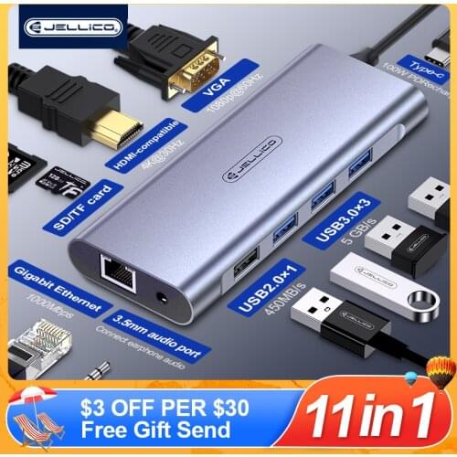 Jellico 11-in-1 USB C HUB Type C to 4K HDMI-compatible USB 3.0 Adapter 5 in 1 Type C HUB Dock for MacBook Pro Air USB C Splitter