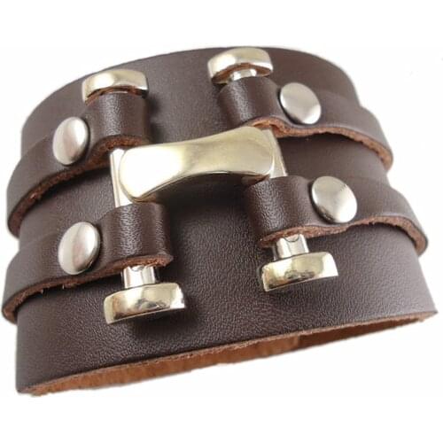 Casual Trendy Handmade Punk Men Rock Spike Stud Snap Buckle Wide H Charm Wrap Brown Leather Bracelets Women Men Jewelry Bangle