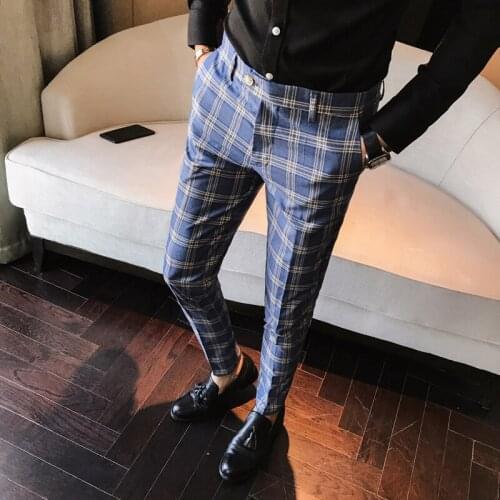 Mens Casual Plaid Blue Gray Slim Fit Trousers British Pants Mix Color Suit Pants Ankle-Length X34