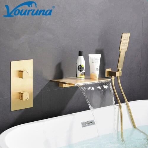 VOURUNA Wall Mounted Waterfall Bathtub Faucet Bath Filler Shower Mixer Tap Spout with Hand Shower Black/Brushed Golden/Chrome