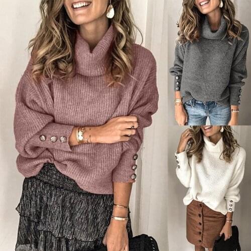 New Autumn Winter Loose Knitted Sweater Women Oversized Turtleneck Sweater Long Sleeves Button Women Outwear Solid Pullovers
