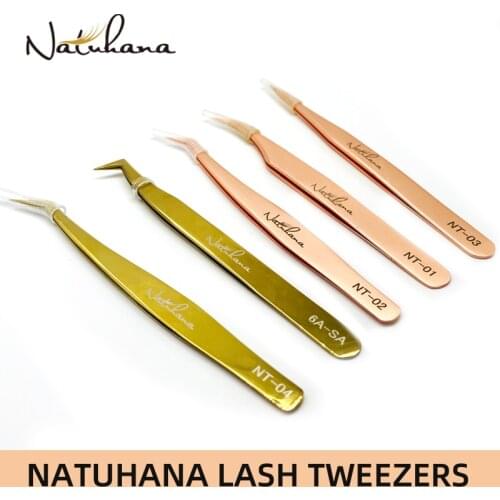 NATUHANA Anti-Static Eyelash Extension Tweezer Gold Stainless Steel Eyelashes Tweezers Professional for Volume Fan Makeup Tools