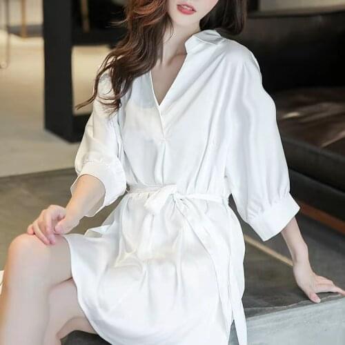 2021 Spring Womens Pajamas Summer Sleepwear Fashion White Shirt With Sashes Design Sexy V-Neck Half Sleeve Loose Pijama Female