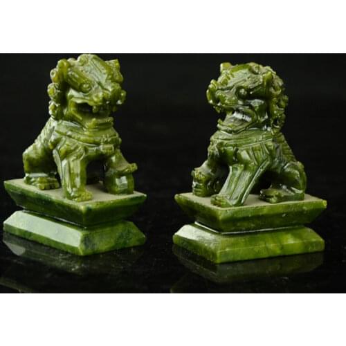 Rare A pair of 100% China natural green jade hand-carved statues fo dog lion