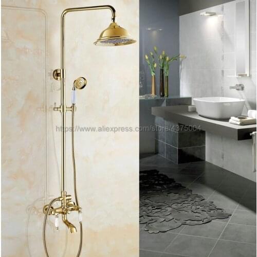 Luxury Gold Color Brass Wall Mount Bathroom Shower Faucet Double Handle Bath Tub Shower Mixers with Handshower Ngf373