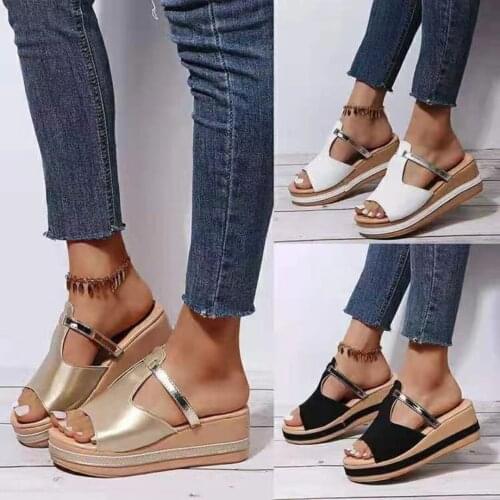 Summer Women Slippers Sandals High Heels Wedges Platform Leather Fish Mouth Elegant Female Slippers Ladies Shoes